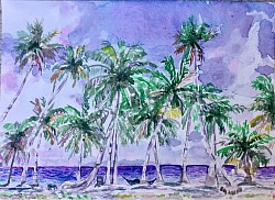 Lever de Soleil à Manihi. Sur papier aquarelle.