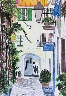 Rue à cadaques. Sur papier aquarelle.