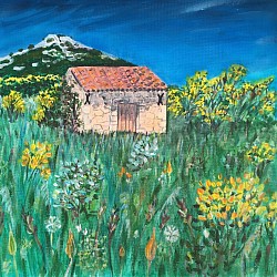 Alpilles- Le mazet de genêts. Acrylique avec son cadre.
