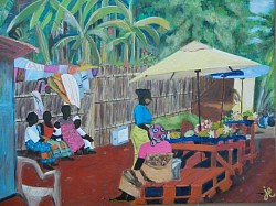 Mayotte-Marché en bord de route en Grande Terre.Acrylique.